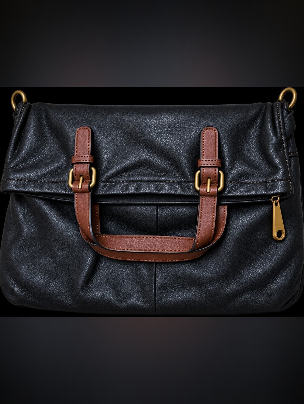 Vintage FOSSIL Explorer Tote Espresso Black Leather Fold Over Three Way Tote